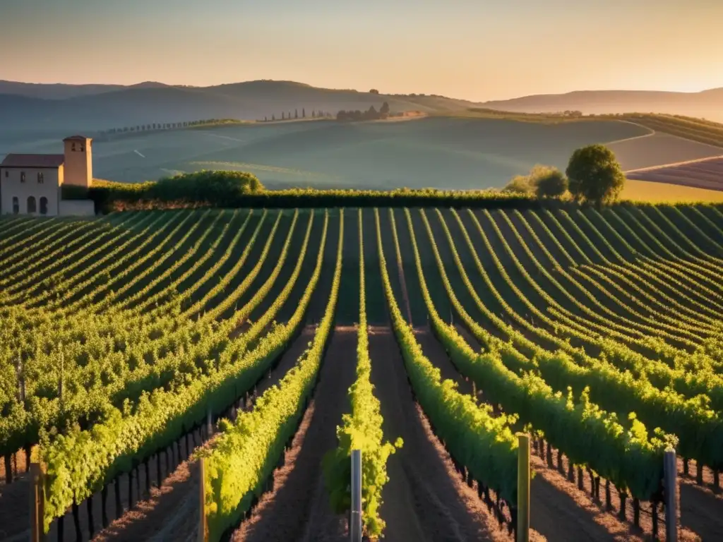 Tecnologías modernas en viñedos históricos: Paisaje de viñedo al atardecer con filas de vides perfectamente alineadas y maquinaria avanzada integrada armoniosamente