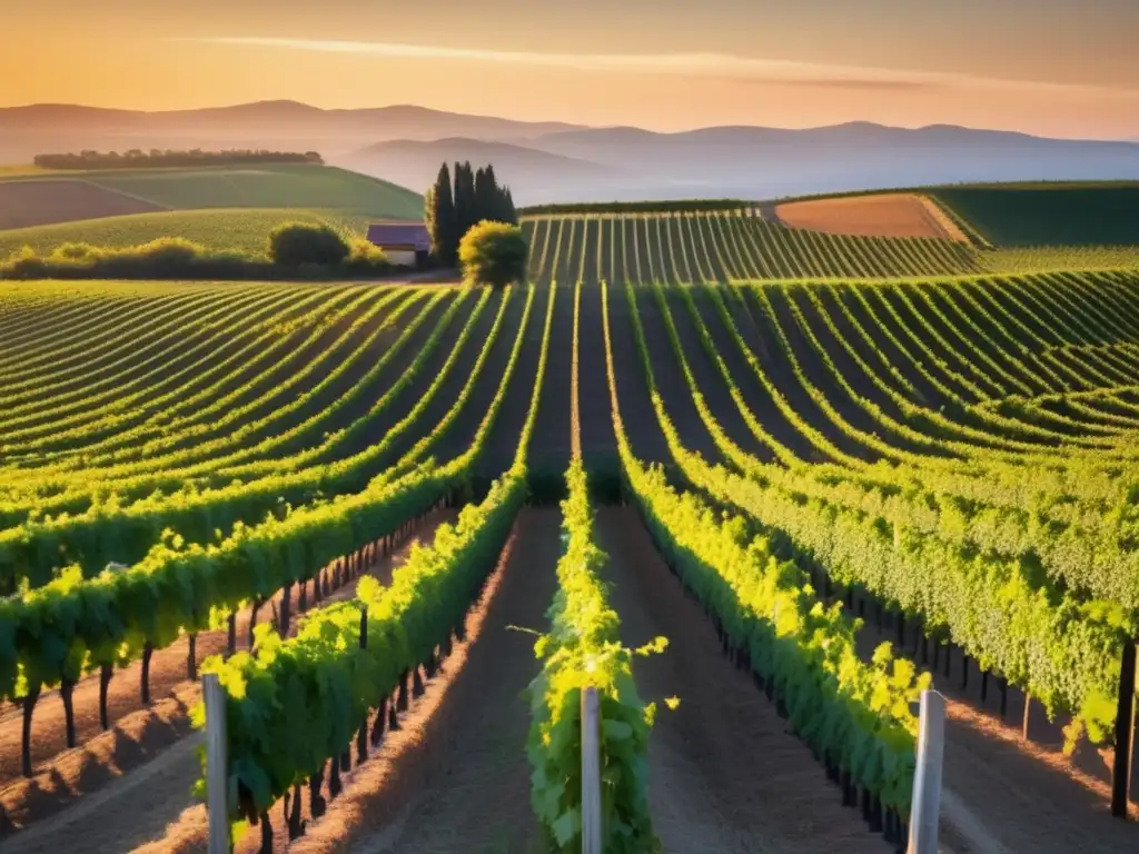 Tecnologías modernas en viñedos históricos: Atardecer en un viñedo, con filas de uvas perfectamente alineadas y sensores discretos