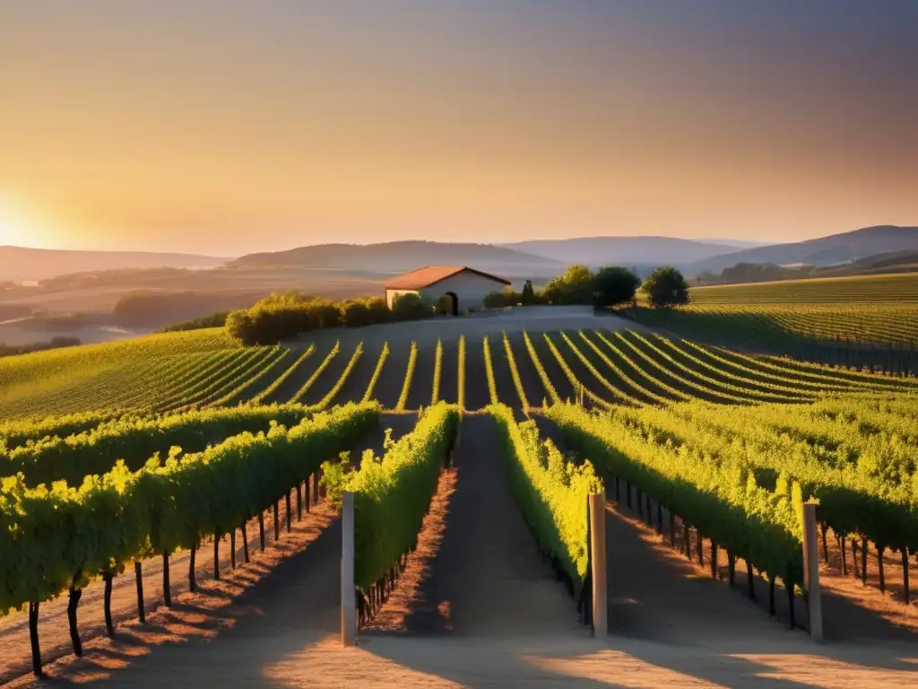 Tendencia enólogas vinos naturales: Viñedo al atardecer, filas ordenadas de vides con luz dorada