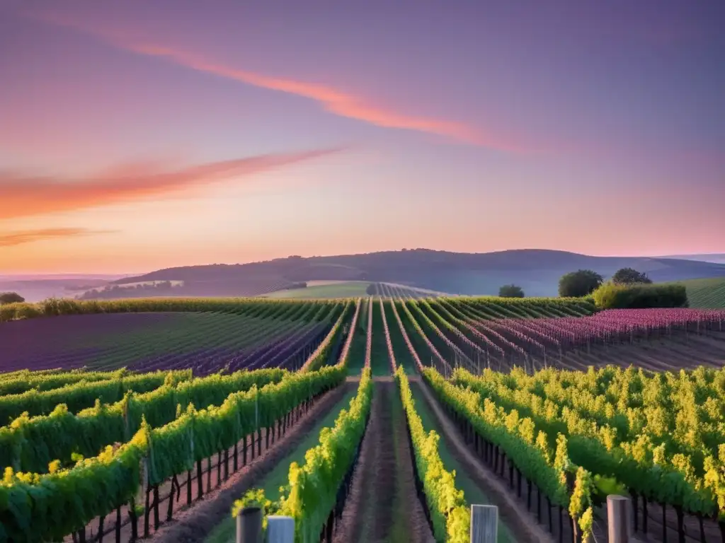 Tendencia enólogas vinos naturales: viñedo sereno y natural al atardecer