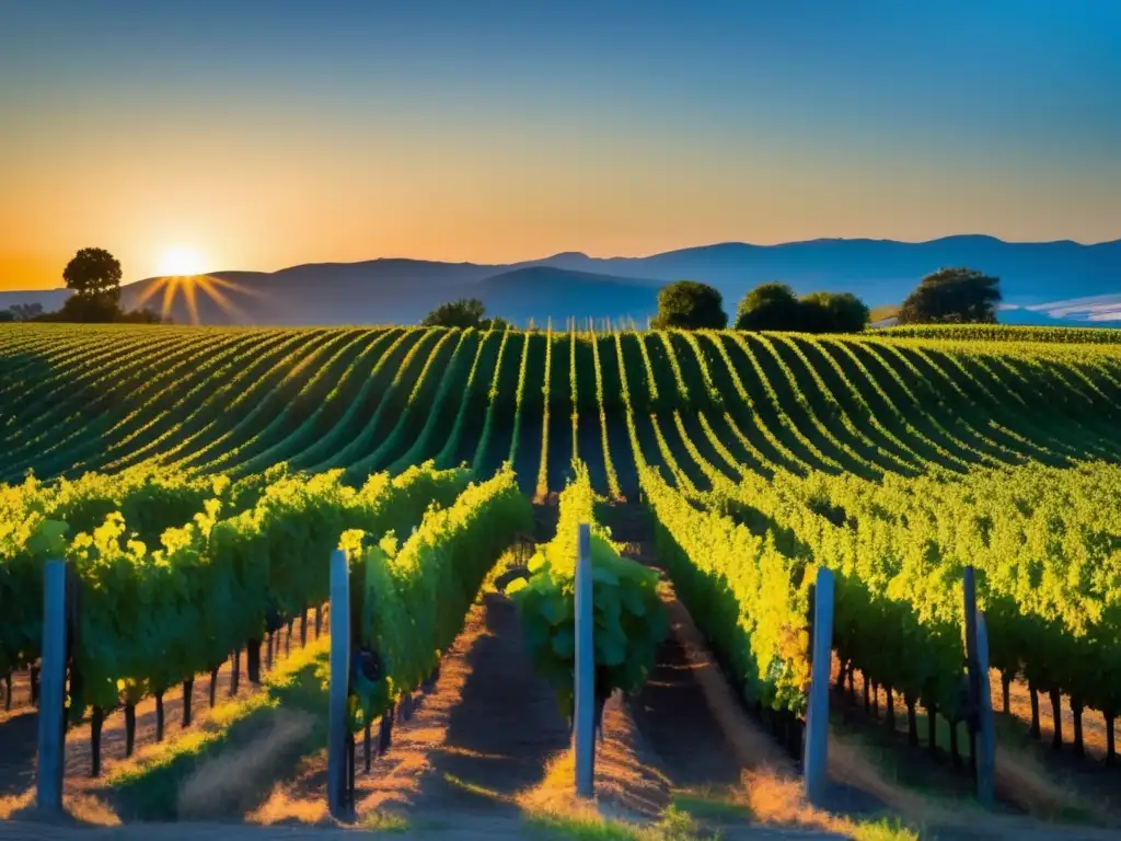 Tendencia enólogas vinos naturales: Viñedo sereno al atardecer, con luz dorada sobre las vides verdes y cielo azul