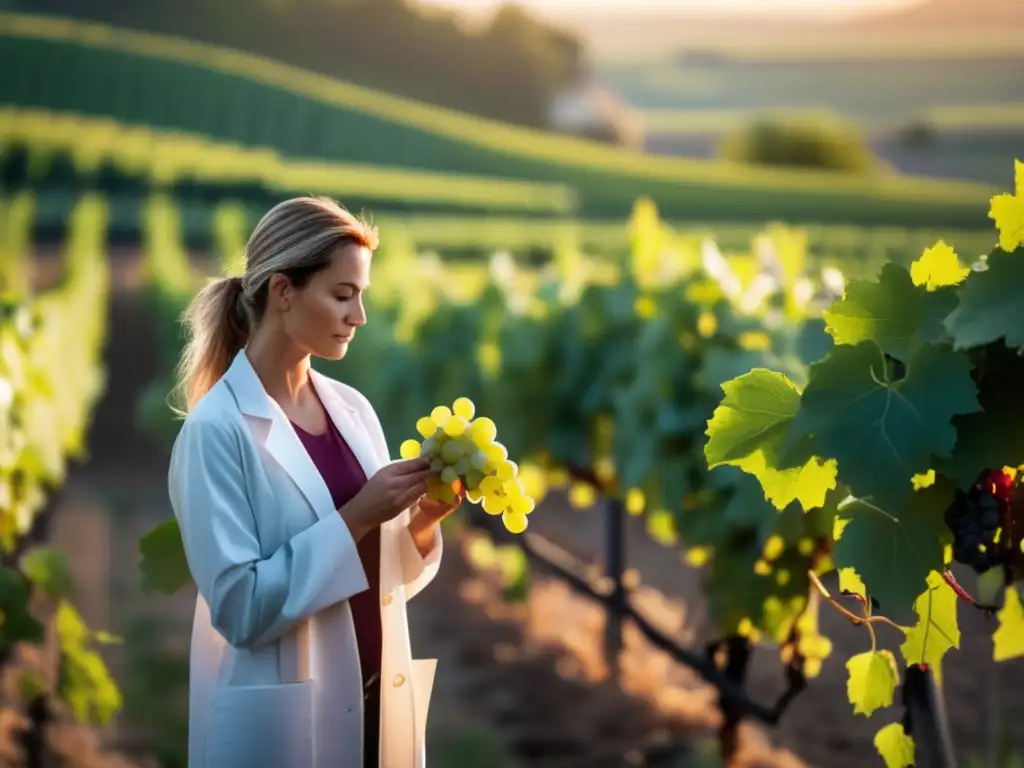 Tendencia enólogas vinos naturales: una imagen minimalista de un viñedo sereno al amanecer, con hileras de vides que se extienden hacia el horizonte