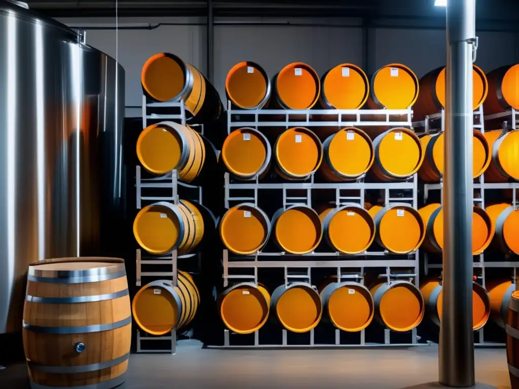 Tendencia producción vinos naranja: imagen minimalista de fermentación de vinos naranja en tanque de acero rodeado de barricas de roble