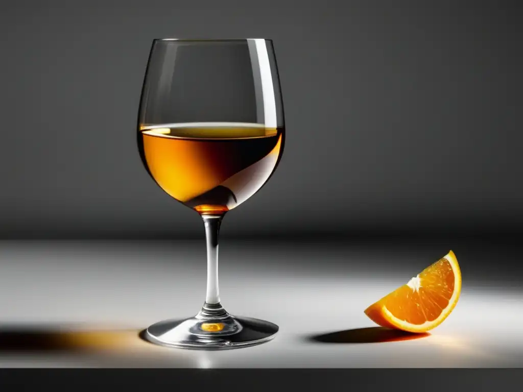 Tendencia producción vinos naranja: copa de vino dorado sobre superficie blanca