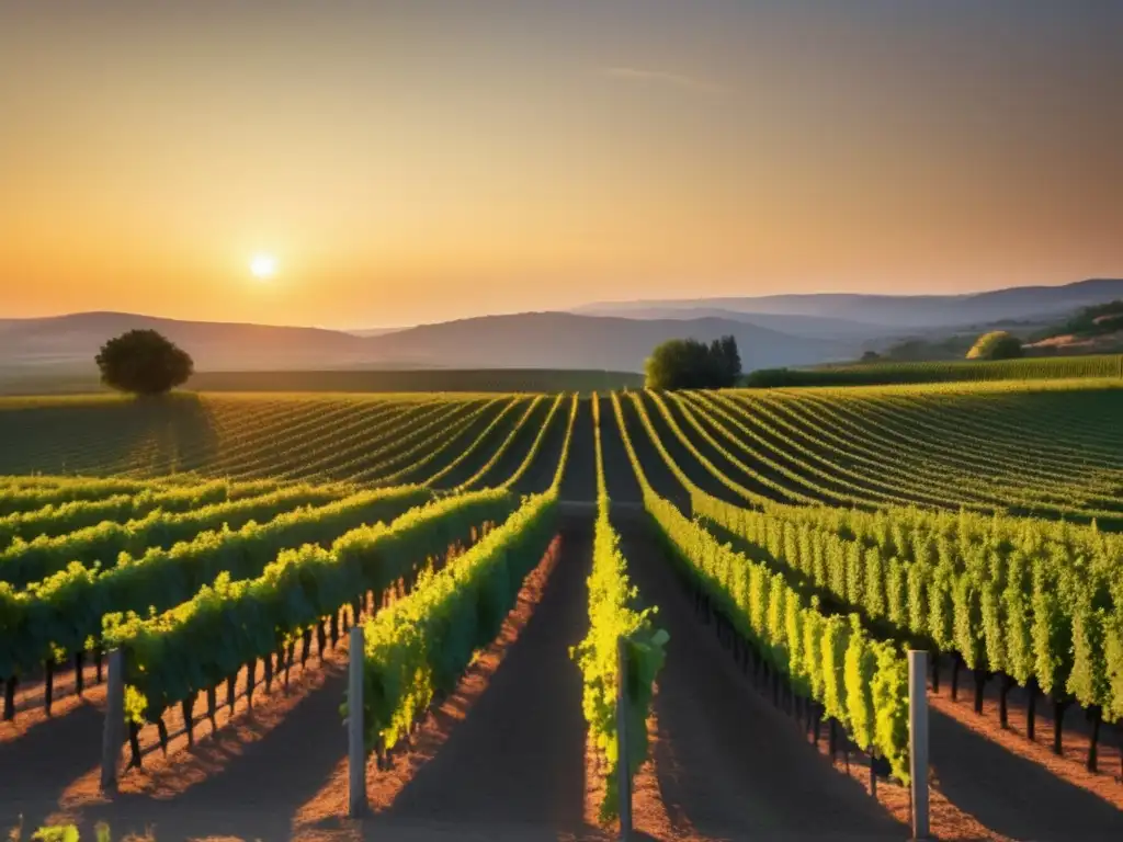 Tendencia vinos naturales enólogas: viñedo al atardecer con uvas maduras y paisaje sereno