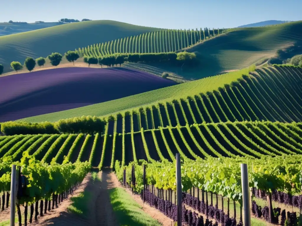 Viñedo en colina con cielo azul Tendencia vinos orgánicos biodinámicos: Viñedo ordenado con uvas verdes y moradas en paisaje natural