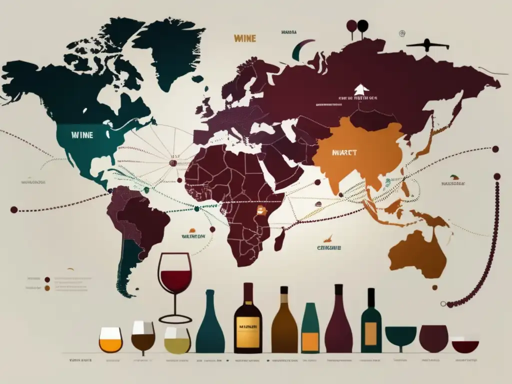 Tendencias de consumo de vino en mercados emergentes: mapa global con mercados emergentes, íconos representativos y paisajes vitivinícolas