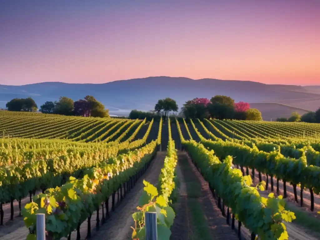 Tendencias emergentes en producción vinícola, viñedo al atardecer con uvas y paisaje colorido