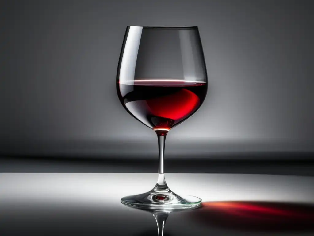 Tendencias emergentes producción vinícola: copa de vino rojo simétrica y elegante en fondo blanco