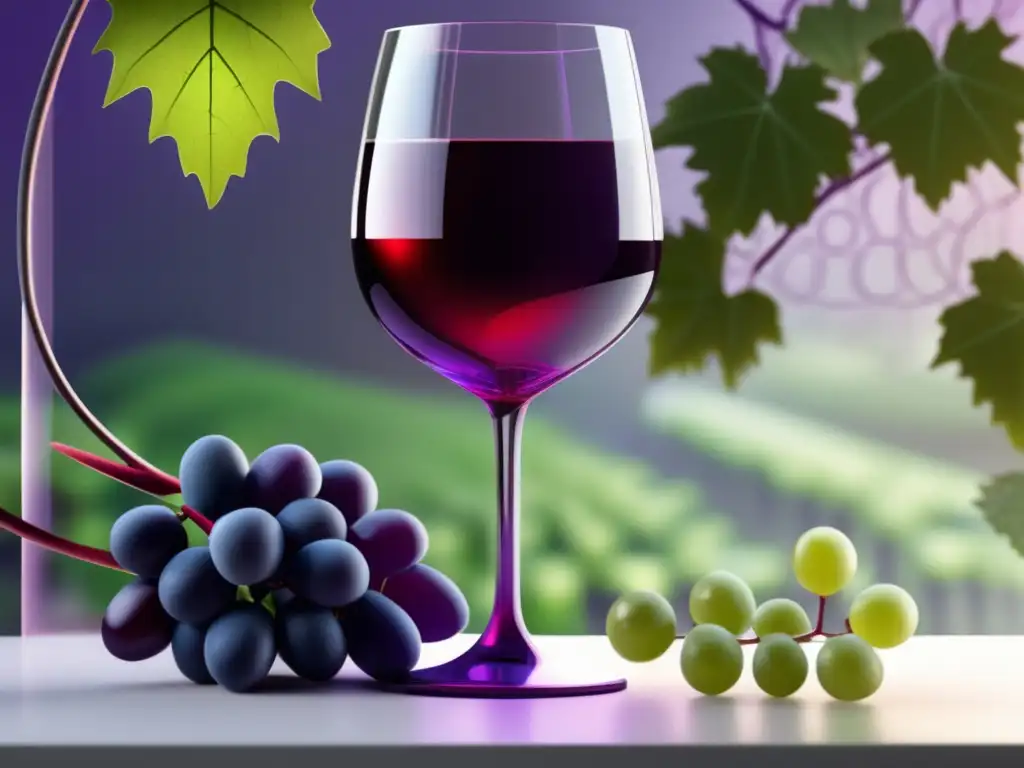 Tendencias vino siglo XXI: Integración AI y tradición en ilustración minimalista de vid, uvas y circuitos