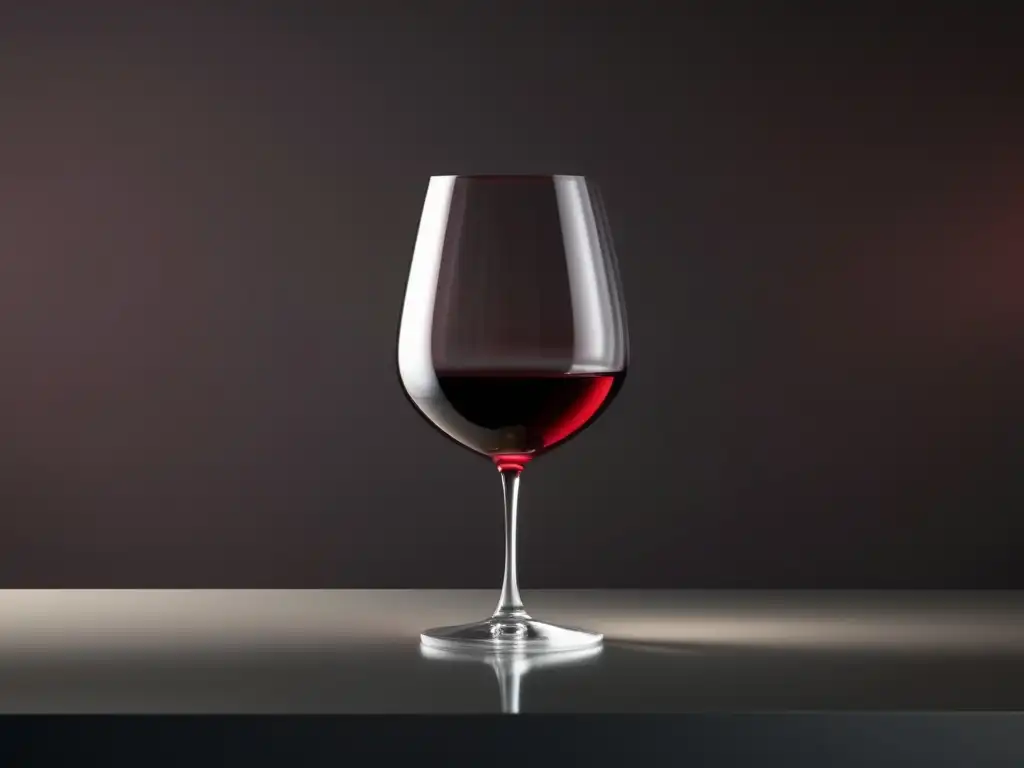 Tendencias vino moda 2021: copa minimalista con vino rojo, luz y sombras, sobre mesa contemporánea