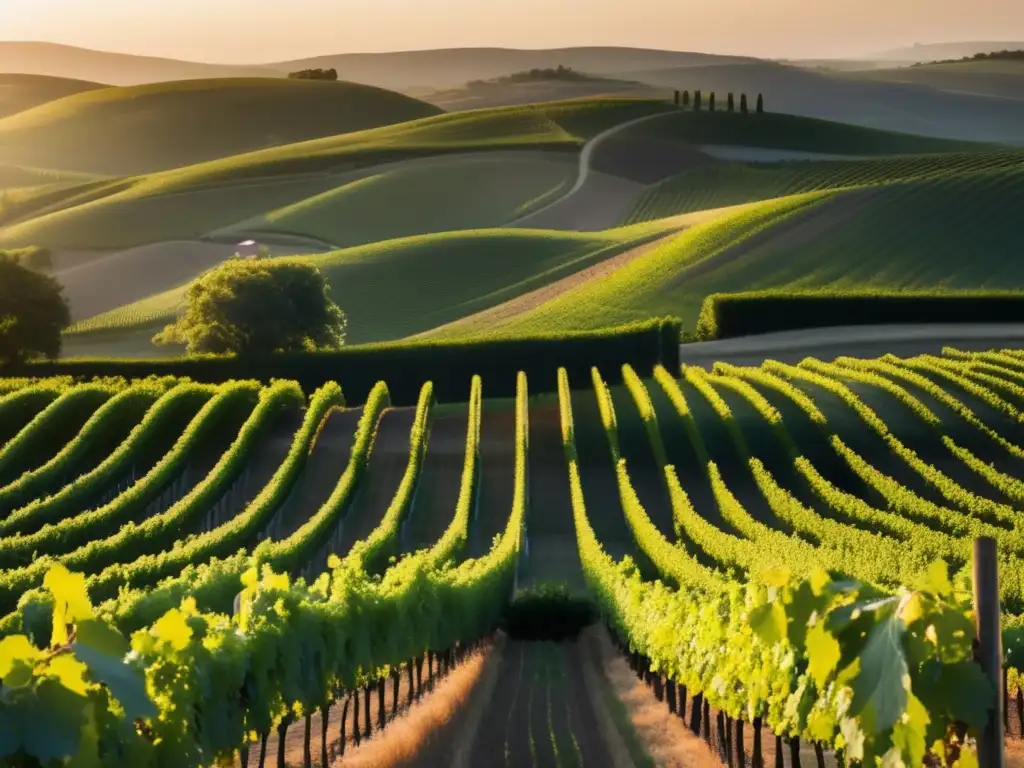 Tendencias vino siglo XXI: Paisaje sereno de viñedo al atardecer, resaltando la conexión con la naturaleza y la elegancia del vino orgánico