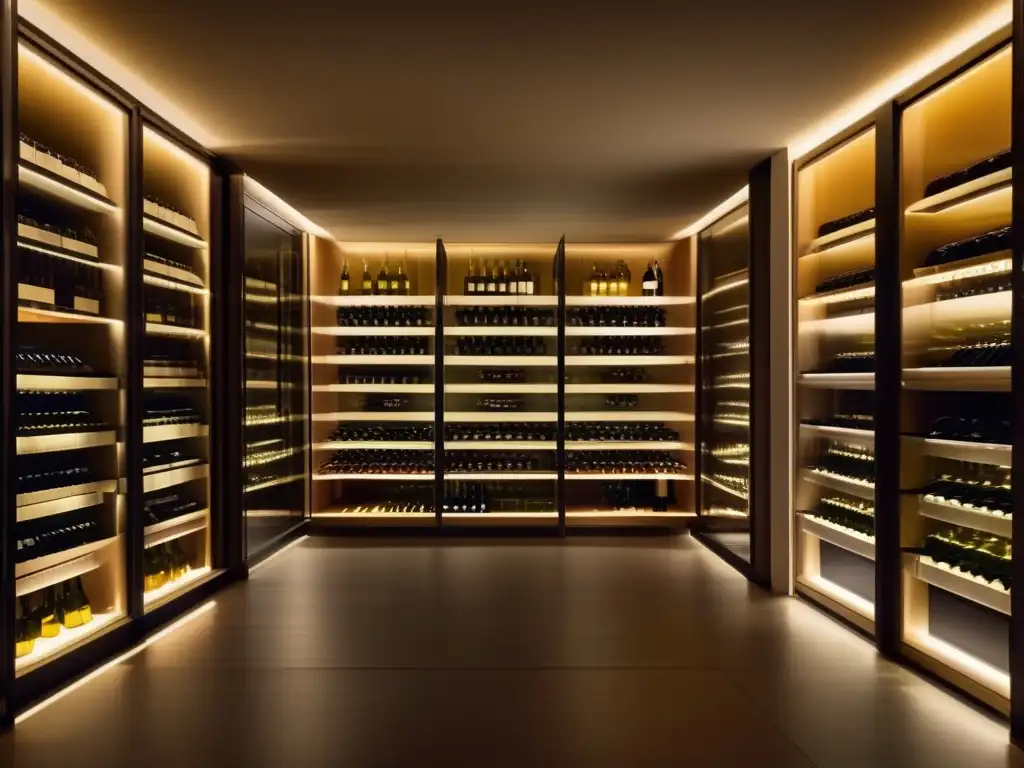 Tendencias selección vinos restaurantes élite: Bodega minimalista con selección de vinos premium y etiquetas elegantes