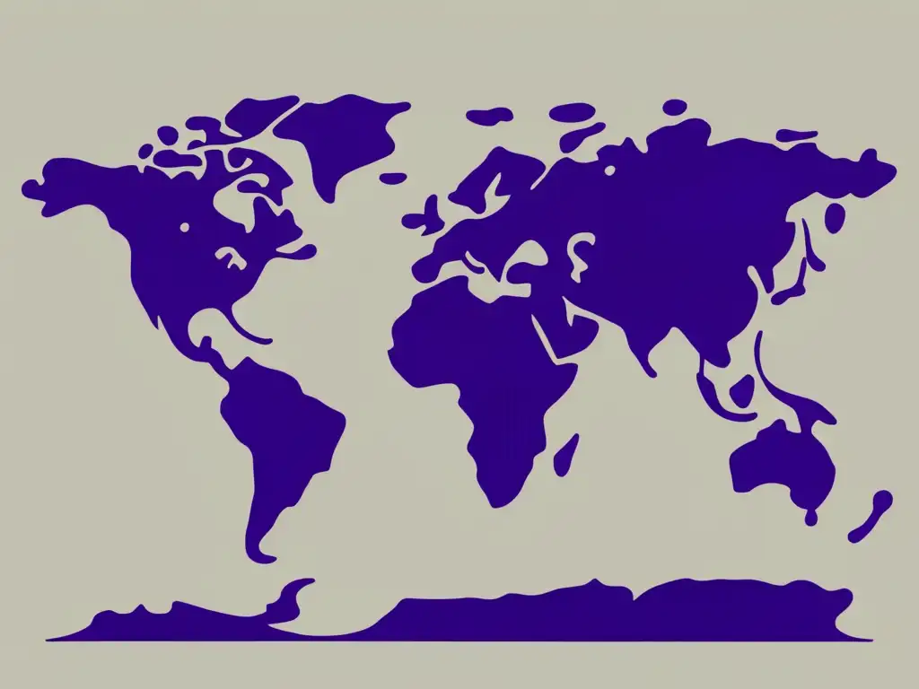 Tensiones comerciales viñedos globales - Mapa del mundo minimalista de viñedos entrelazados en tonos de púrpura profundo