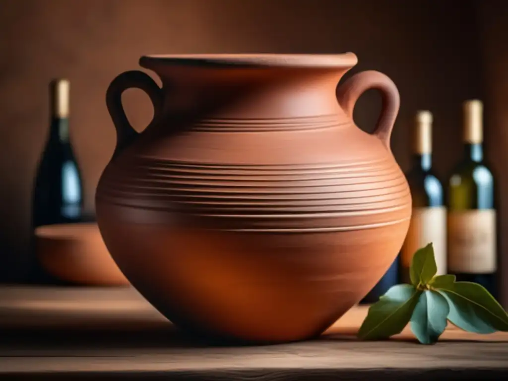 Innovación en la vinificación: terracotta amphora en mesa rústica, detalles y autenticidad