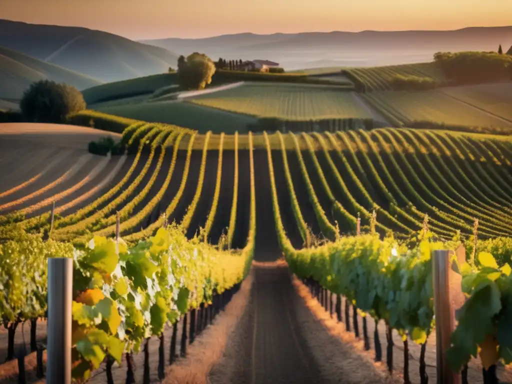 Terroir DRC: Aubert de Villaine - Escena minimalista de un viñedo al atardecer, con colores cálidos y una serena simplicidad