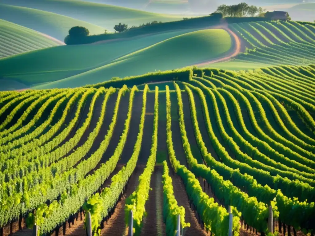 Terroir DRC: Aubert de Villaine, imagen de viñedo neblinoso al amanecer, con uvas y suelo terracota