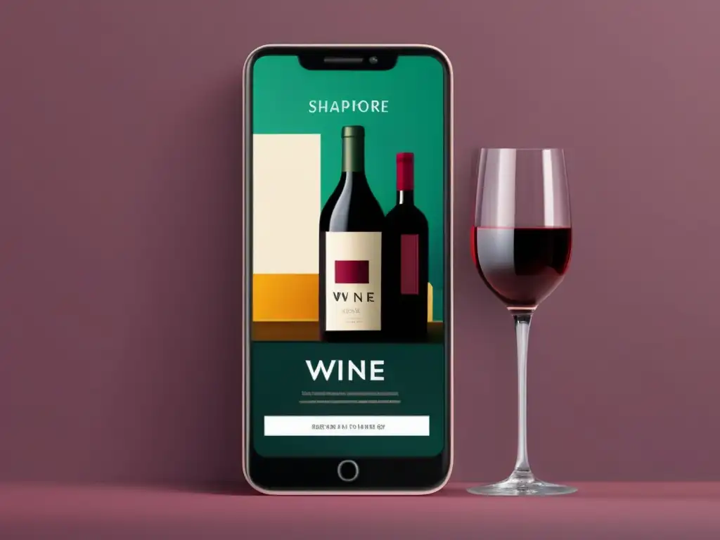 Optimización tienda vinos móviles: smartphone moderno muestra botella vino en pantalla con etiqueta llamativa y tipografía elegante