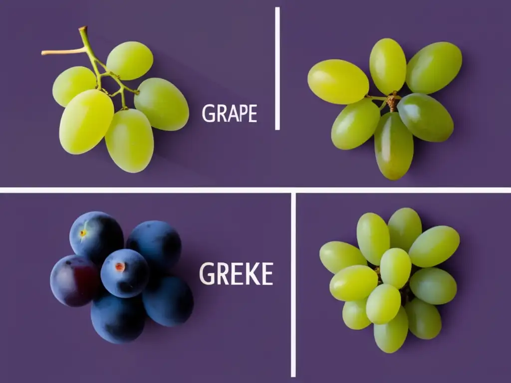 Tour enológico Grecia Dionisio: Imagen minimalista de variedades de uva griegas, destacando Agiorgitiko, Assyrtiko, Xinomavro y Moschofilero