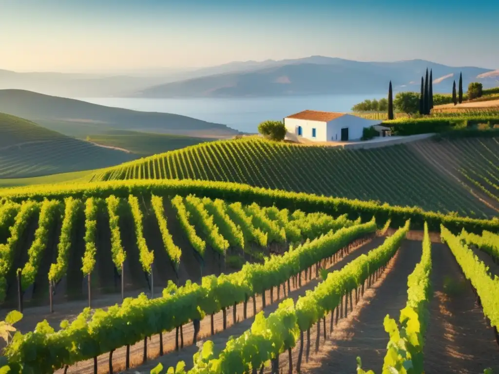 Tour enológico Grecia Dionisio: Viñedo minimalista en colinas griegas, con montañas y cielo azul al fondo