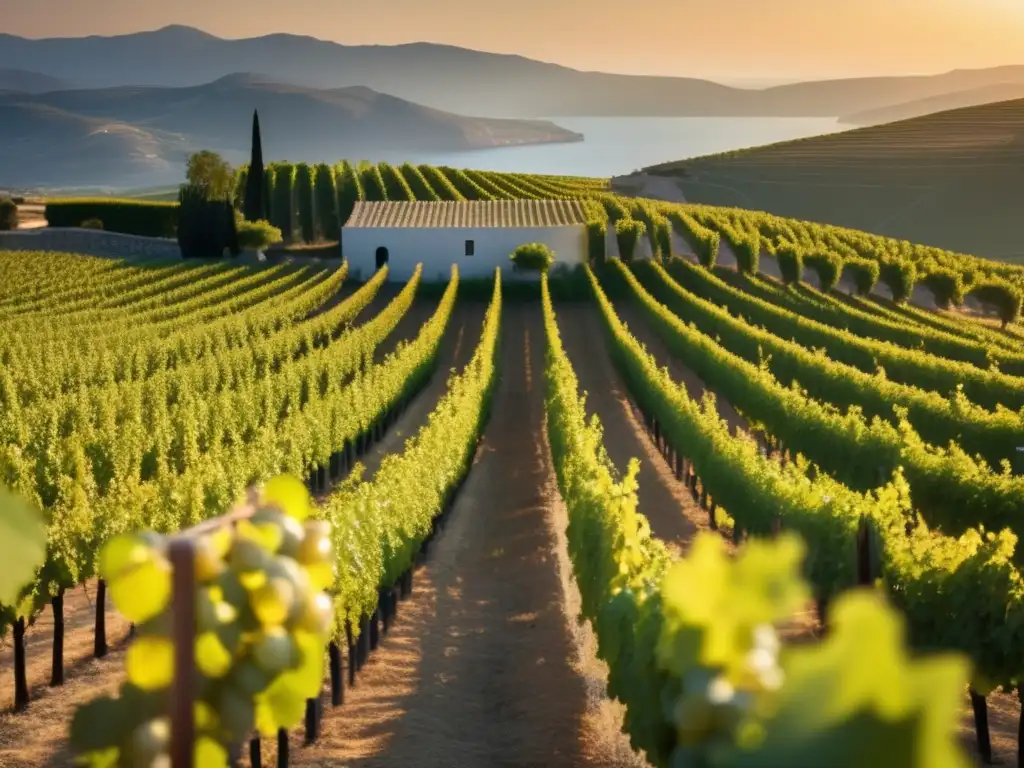 Tour enológico Grecia Dionisio: Viñedo griego bañado en luz dorada, con vides verdes y racimo perfecto, evoca tranquilidad y sabores exquisitos