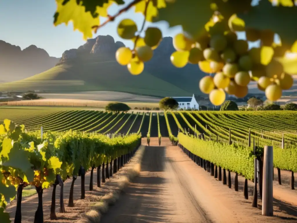 Tour vinícola Sudáfrica Stellenbosch Franschhoek: escena minimalista en viñedo sereno con barril de vino rústico