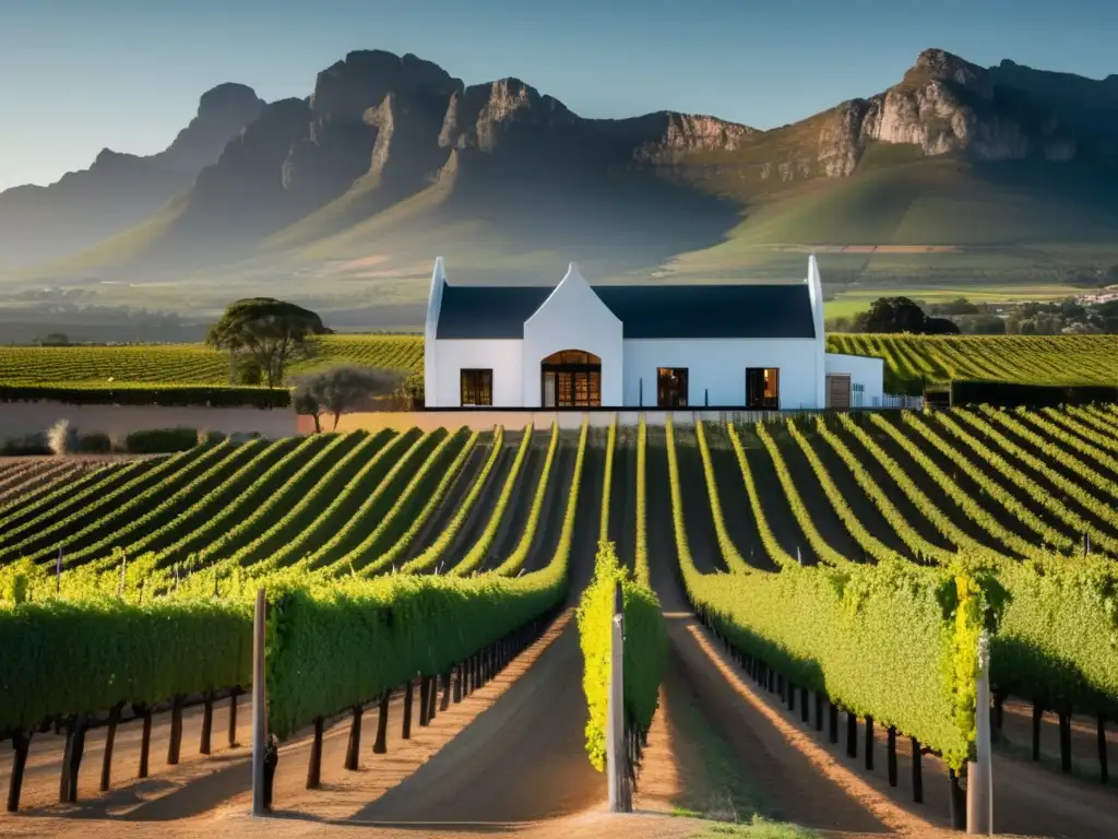 Tour vinícola Sudáfrica Stellenbosch Franschhoek: una imagen impresionante en 8k muestra una vista minimalista de una bodega histórica y moderna