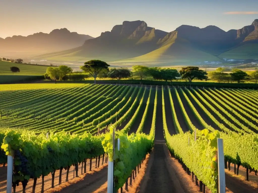 Tour vinícola en Stellenbosch: paisaje cautivador de viñedos rodantes bajo la cálida luz dorada del atardecer