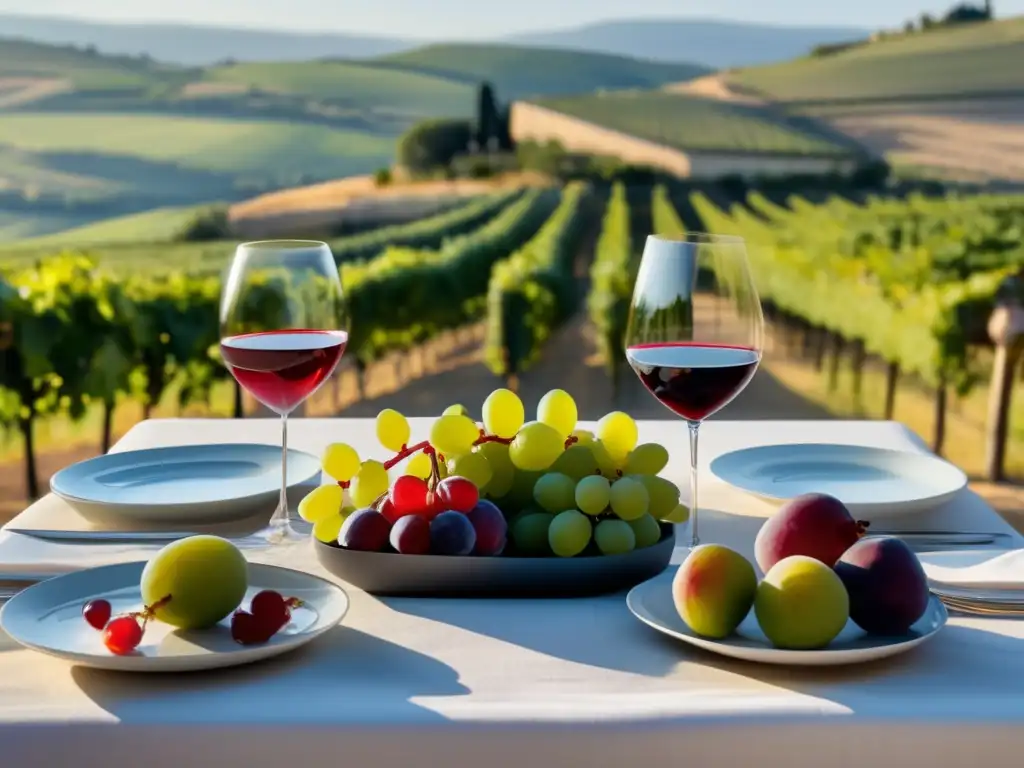 Tour viñedos Provenza Mediterráneo - Mesa minimalista con frutas y vino, rodeada de viñedos y luz cálida