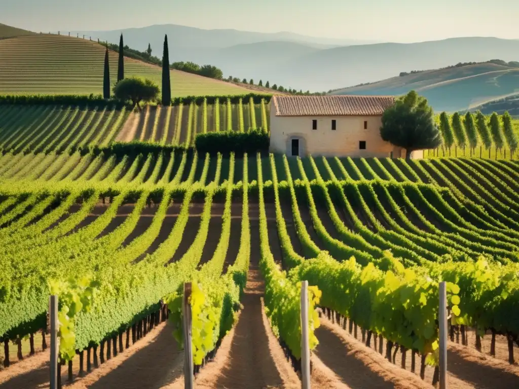 Tour viñedos Provenza Mediterráneo: paisaje sereno de viñas ordenadas y una granja de piedra en la distancia