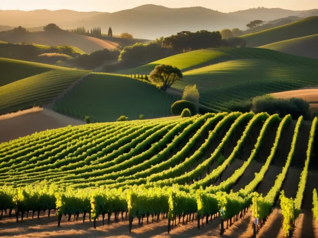 Tour vinos Valle Sonoma: hermosos viñedos al atardecer, colinas, filas de uvas perfectamente alineadas, luz dorada y tranquilidad