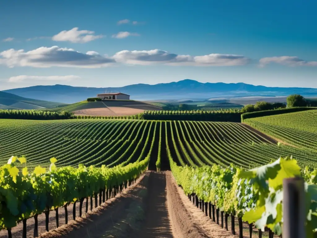 Tour de vinos: imagen impresionante de un viñedo con uvas, cielo azul, nubes blancas y una copa de vino tinto