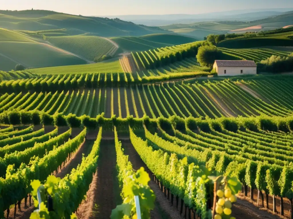 Tradiciones vinícolas de Borgoña: escena minimalista de una pintoresca viña en Francia, con filas ordenadas de uvas y colinas de fondo