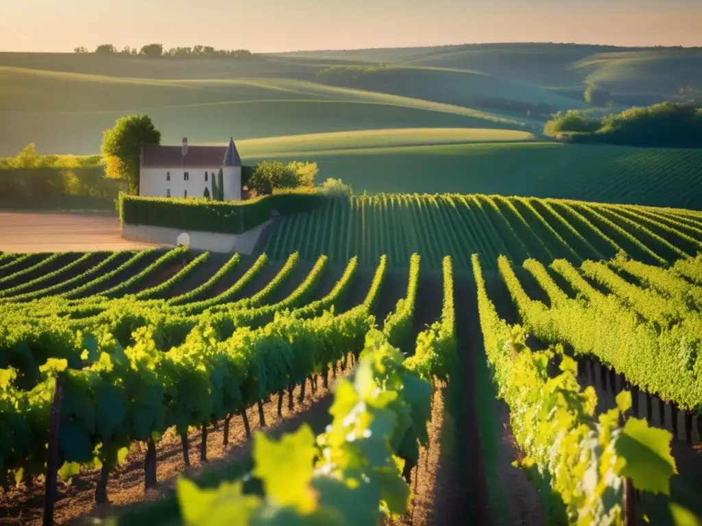 Tradiciones vinícolas de Borgoña: viñedo sereno, colinas doradas, uvas Pinot Noir perfectamente maduras, paisaje idílico y casa de piedra