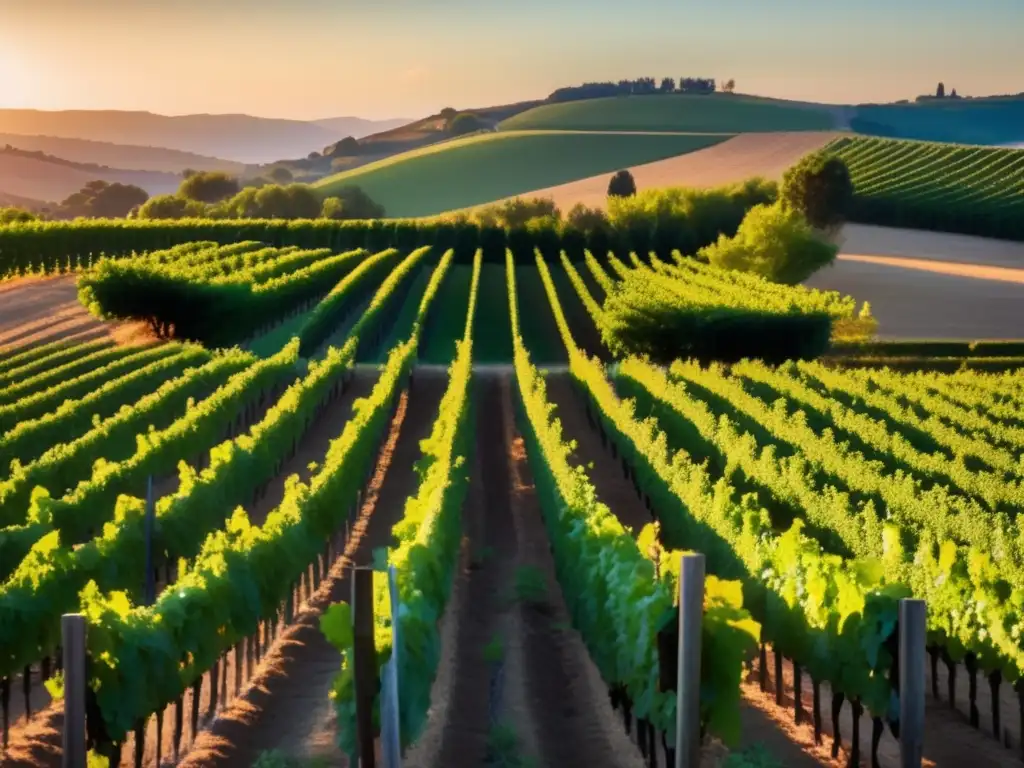 Tranquilidad de un viñedo al atardecer, filas de vides verdes contrastando con el cálido sol