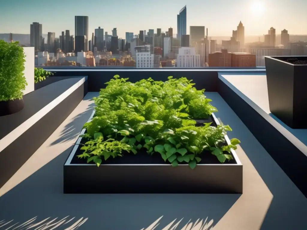 Microviñas urbanas en ciudades: Rooftop moderno con microviña y ciudad de fondo, capturando belleza y originalidad