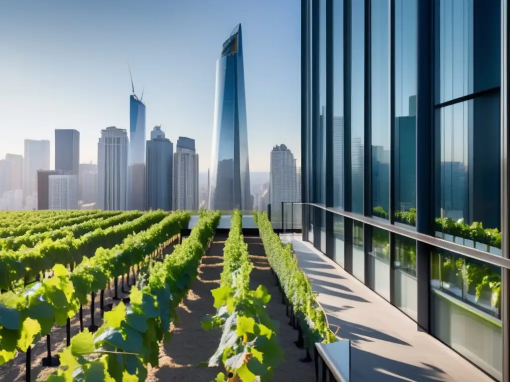 Microviñas urbanas en ciudades: viñedo moderno rodeado de rascacielos, trabajadores cuidando las vides y armonía naturaleza-ciudad