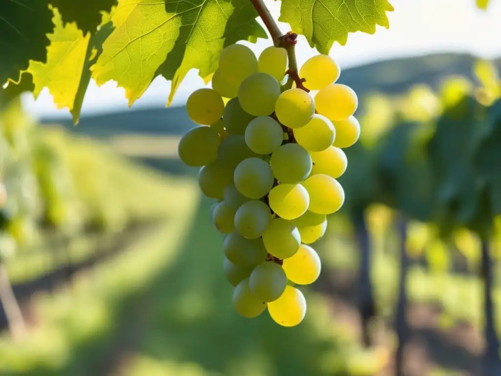 Uva Albariño Rías Baixas: Detalle de una uva madura y su hoja en un viñedo exuberante