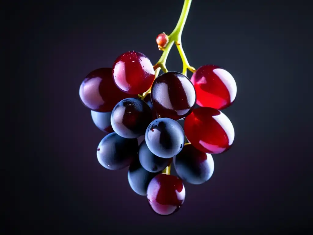 Uva maceración carbónica: Ricas y jugosas uvas rojas suspendidas en un fondo negro, resaltando su frescura y belleza