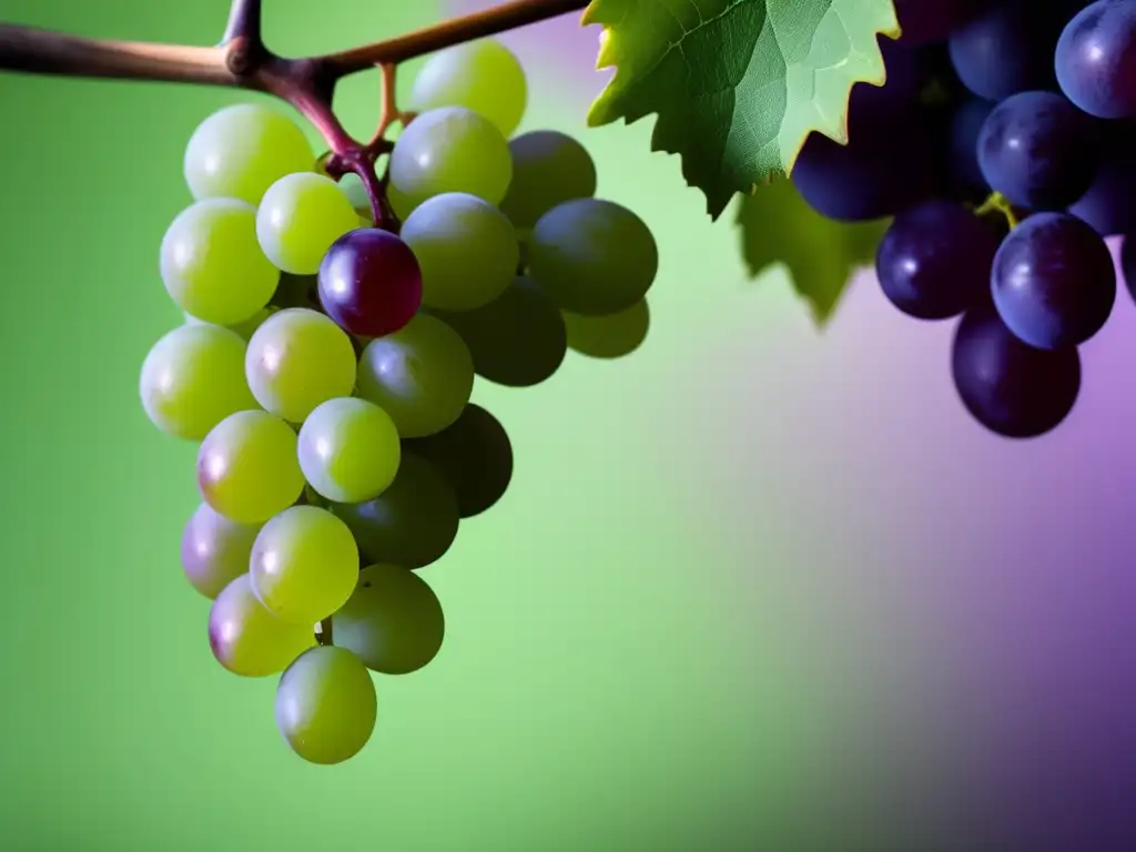 Una uva madura colgando de una vid, representando variedades de uvas para una dieta saludable