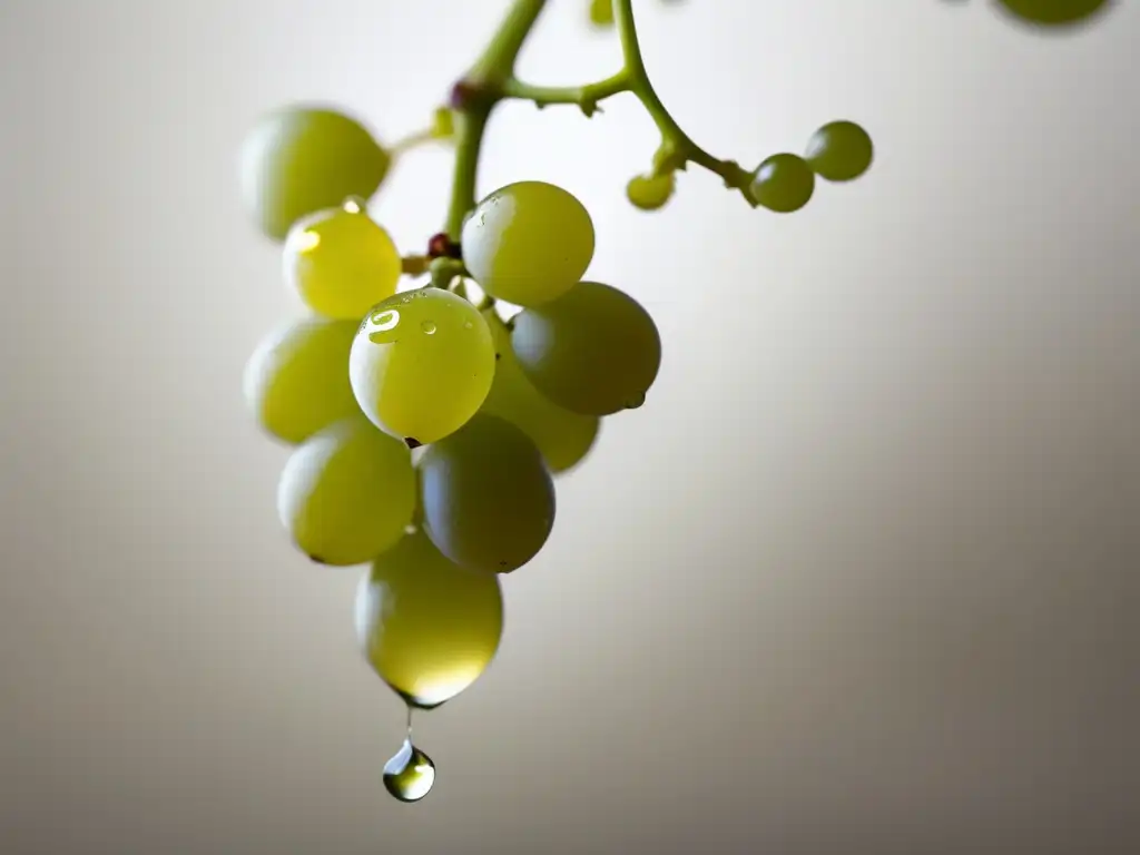 Transformación de la uva Semillon: Imagen minimalista de una uva Semillon madura suspendida en el aire, resaltando su color dorado y textura suave