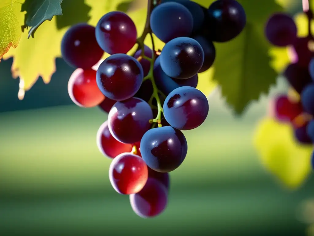 Uvas rojas maduras en una vid, iluminadas por suave luz solar