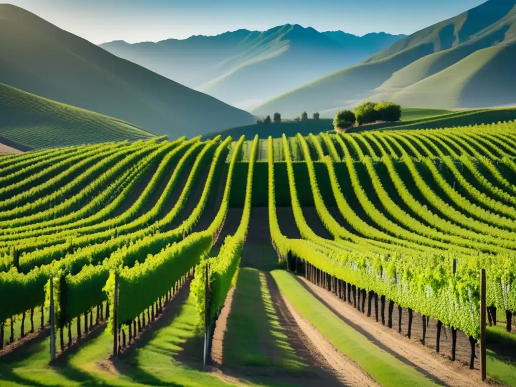 Carmenere en valles chilenos: Paisaje minimalista de viñedos verdes y elegantes, sereno y sofisticado