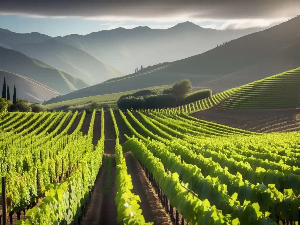 Carmenere en valles chilenos: viñedo sereno con uvas exuberantes