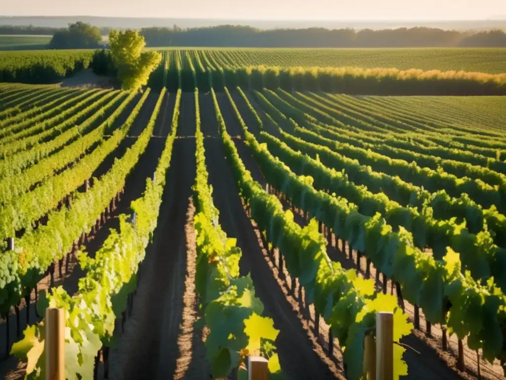 Variedades y estilos vinícolas en Ontario - Viñedo minimalista al atardecer, con filas de vides verdes y racimos maduros, bajo la cálida luz solar