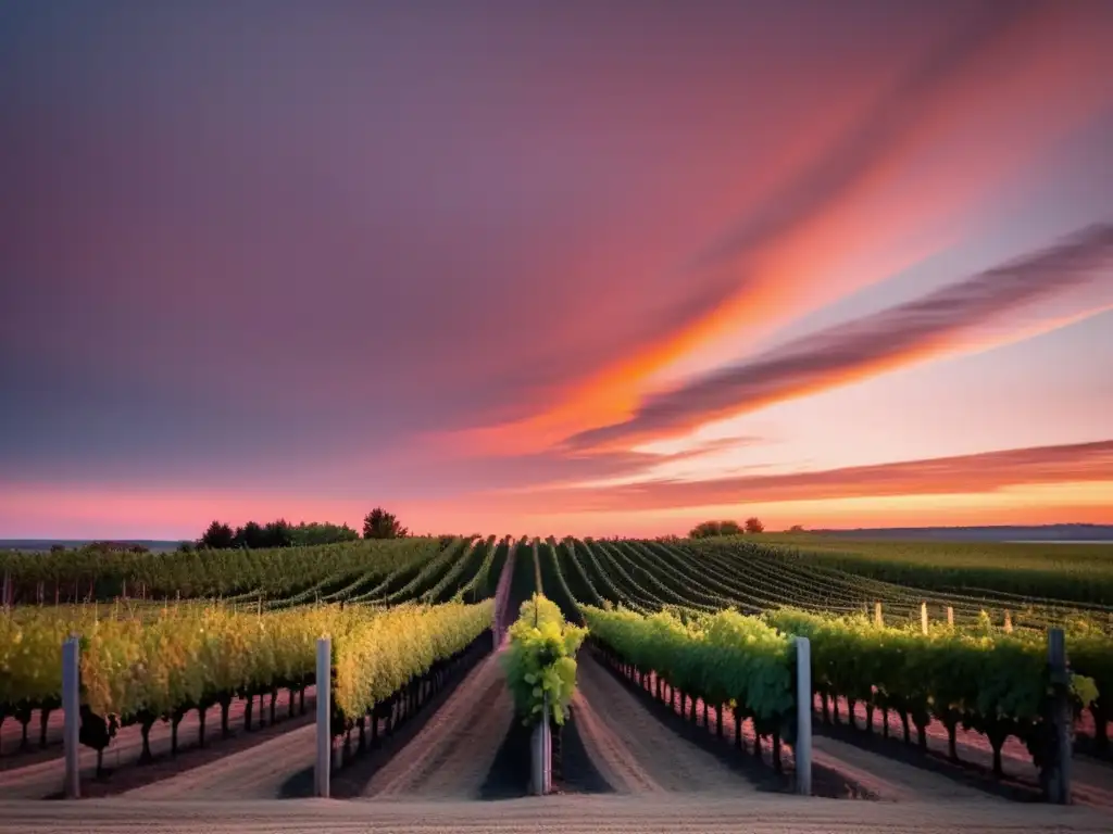 Variedades y estilos vinícolas en Ontario - Un viñedo minimalista al atardecer, resaltando la belleza y elegancia de la tradición vinícola de Ontario