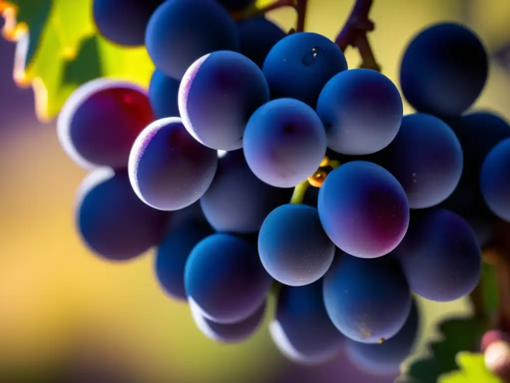 Variedades de uva Zinfandel en California - Imagen de racimo de uvas maduras en tonos morados con textura y semillas detalladas, bañadas en luz dorada