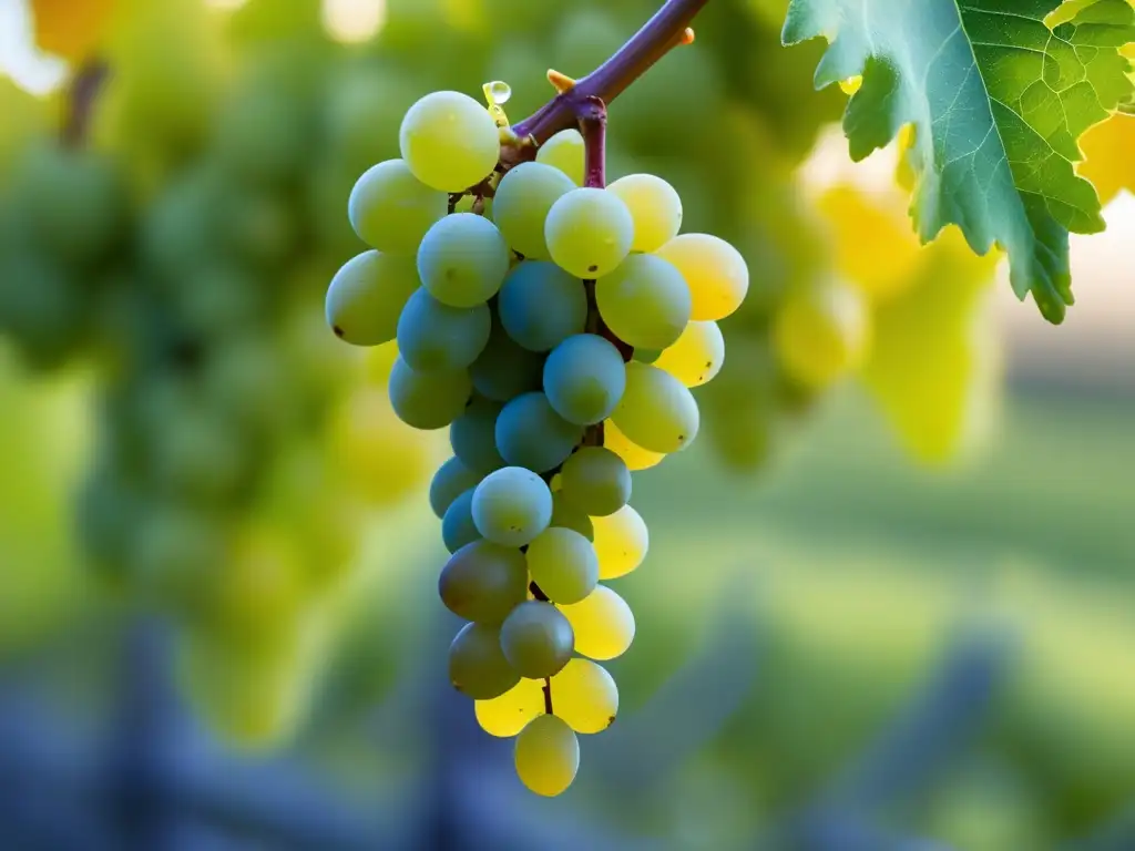 Variedades de uva Viura en España: racimo dorado de uvas jugosas y brillantes en un paisaje de viñedos