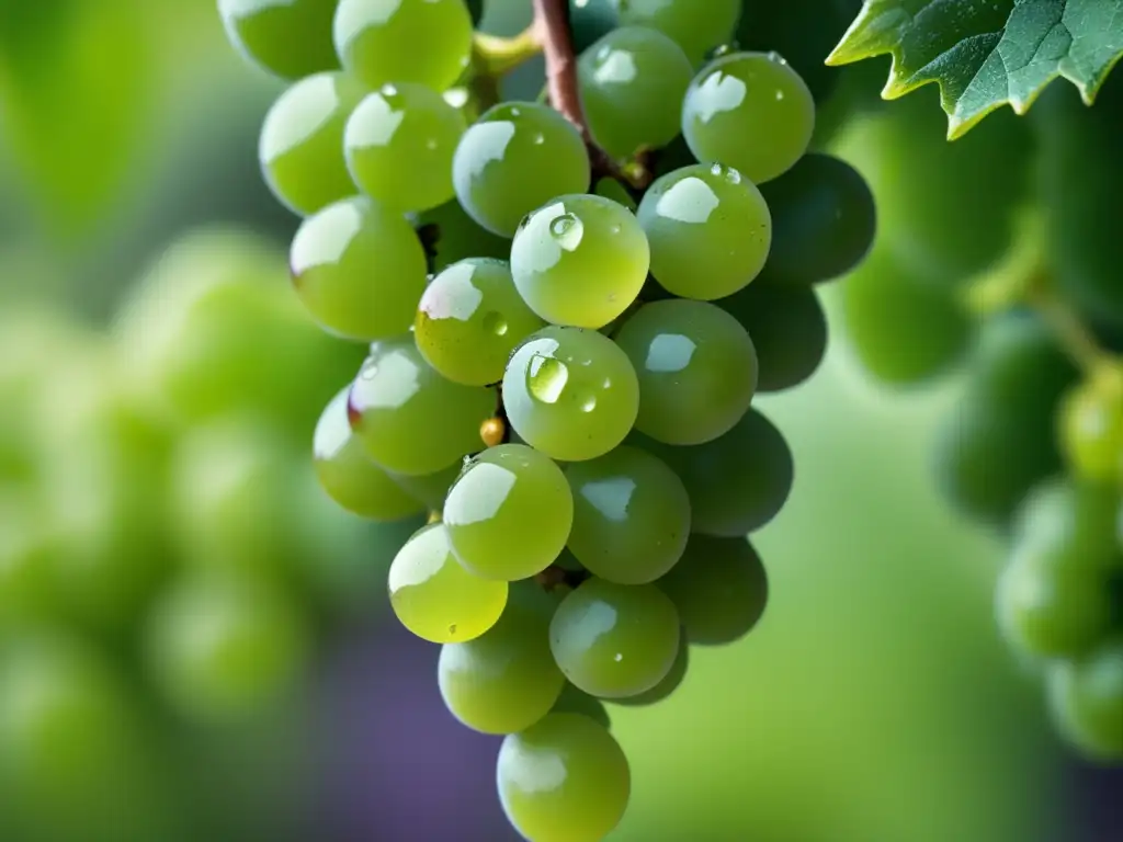 Variedades de uva Albariño Rías Baixas: racimo fresco y elegante con piel translúcida y tonos verdes vibrantes