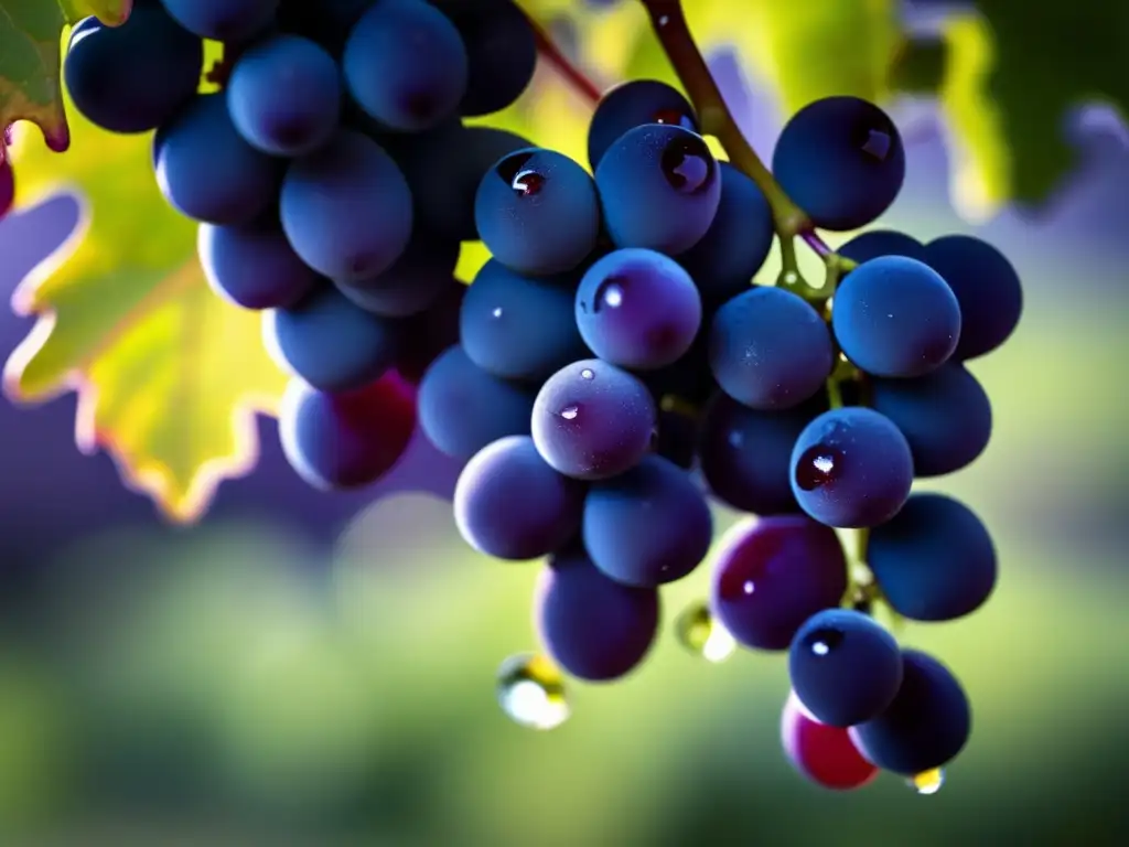 Variedades de uva Zinfandel en California: racimo de uvas maduras, color púrpura intenso, textura suave y brilloso